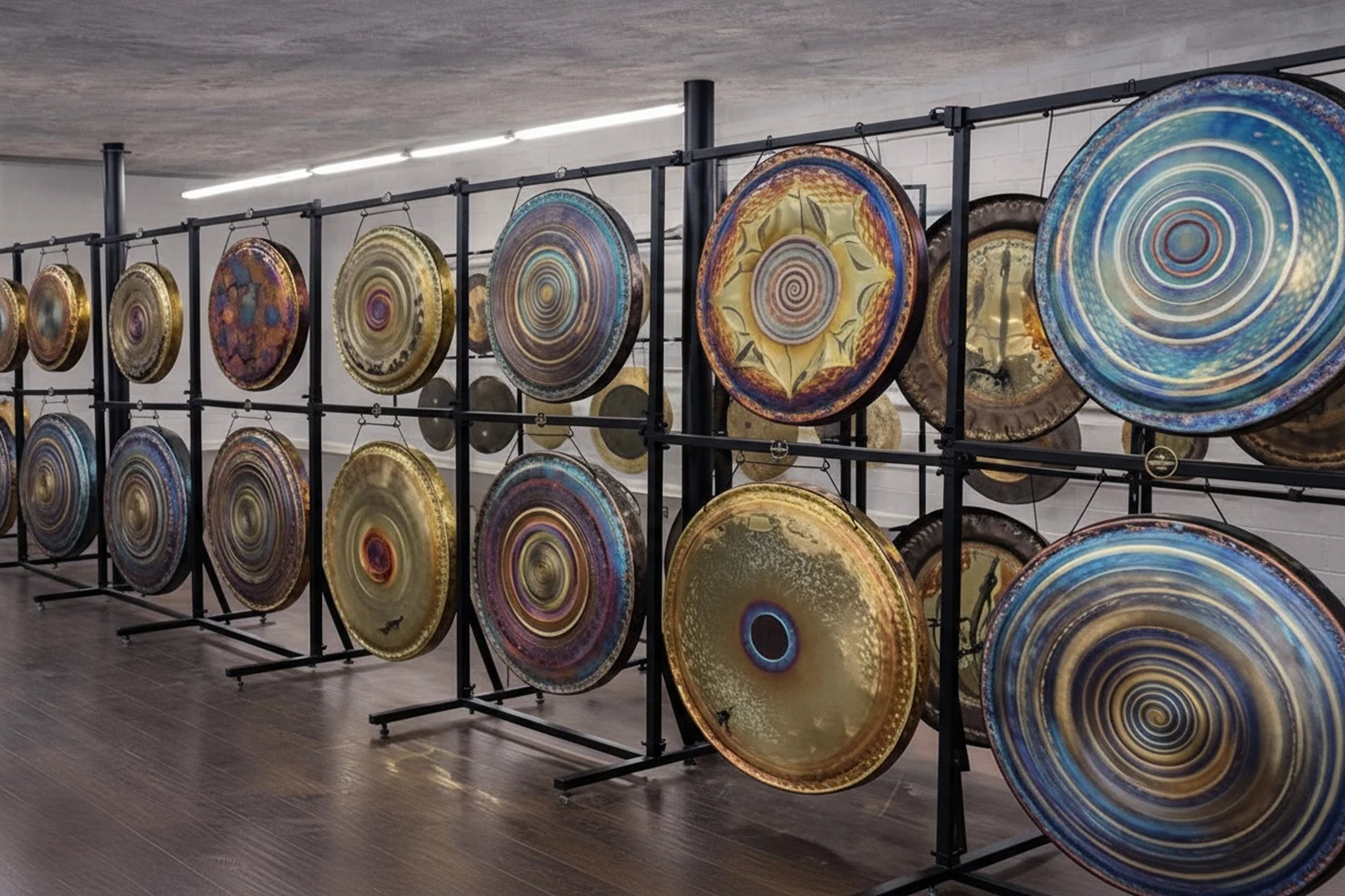 The Gong Shop showroom featuring handcrafted healing gongs